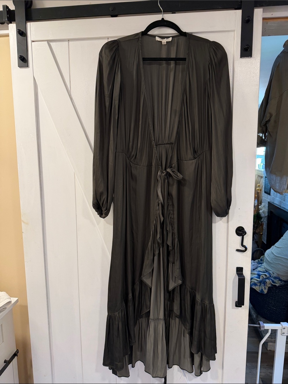 Grade & Gather: Long Olive Green Tie-Front Maxi Dress with Ruffle Hem size S